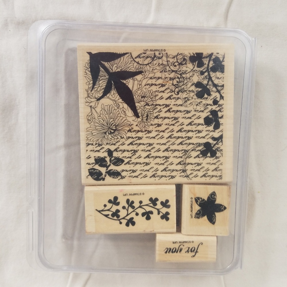 Stampin Up Heartfelt Thanks 4 Piece Rubber Stamp Set Wood Block Floral Script